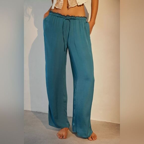 OFU NWT Lacy Satin slouchy flowy Pant teal color size l - Picture 5 of 9